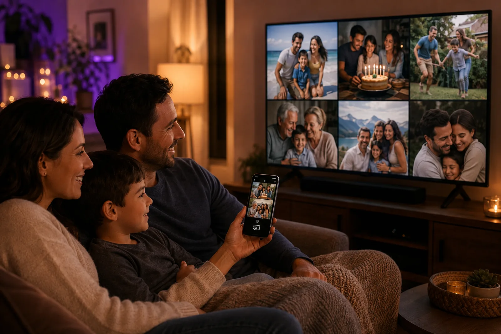 Family relaxing on a couch, casting a photo montage from a phone to their TV