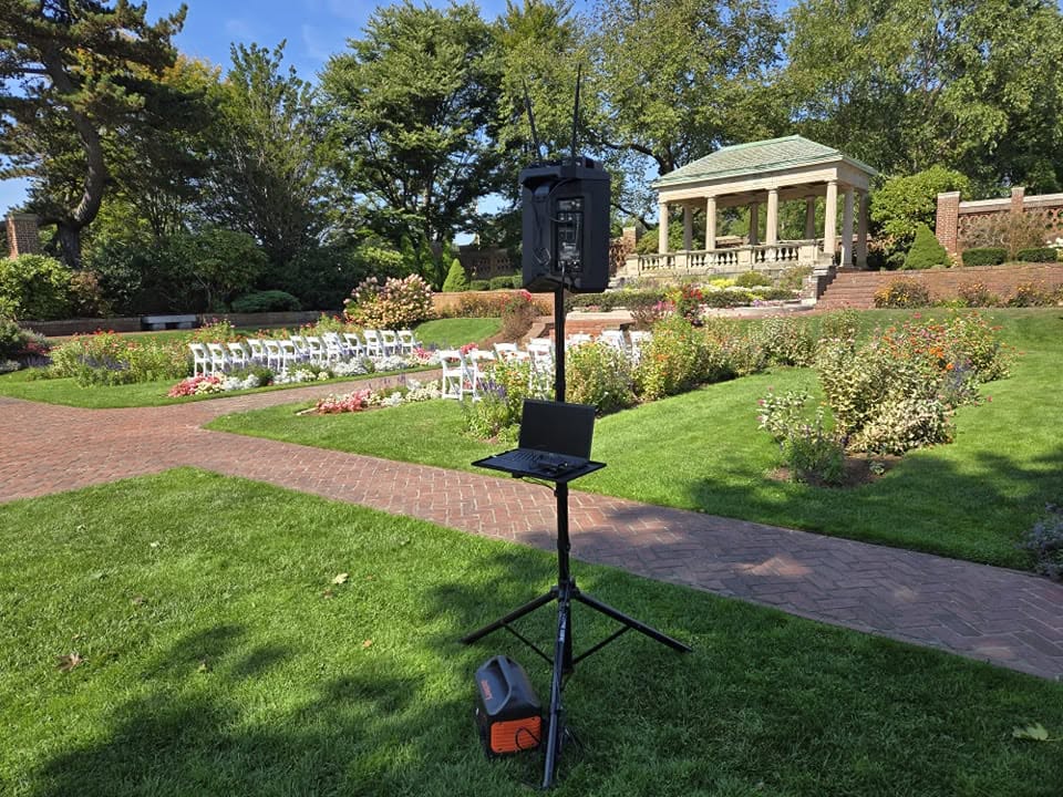 Outdoor wedding ceremony audio setup